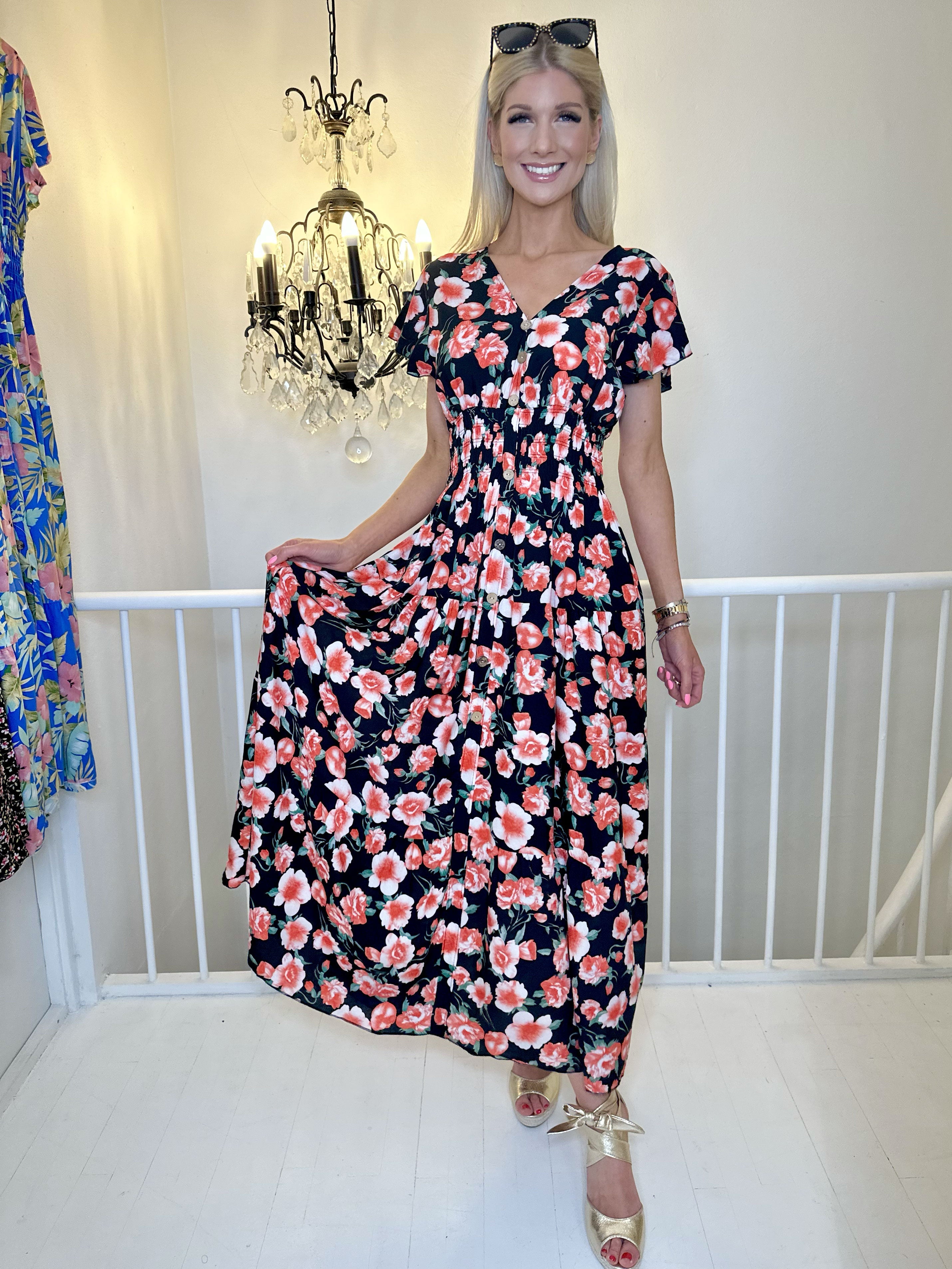 Summer Big Flower - Lång klänning med blommigt tryck och volanger